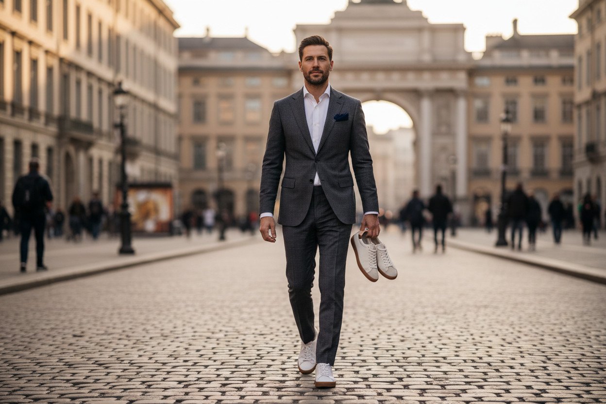 Sneakersy z garniturem — zasady doboru modelu i koloru